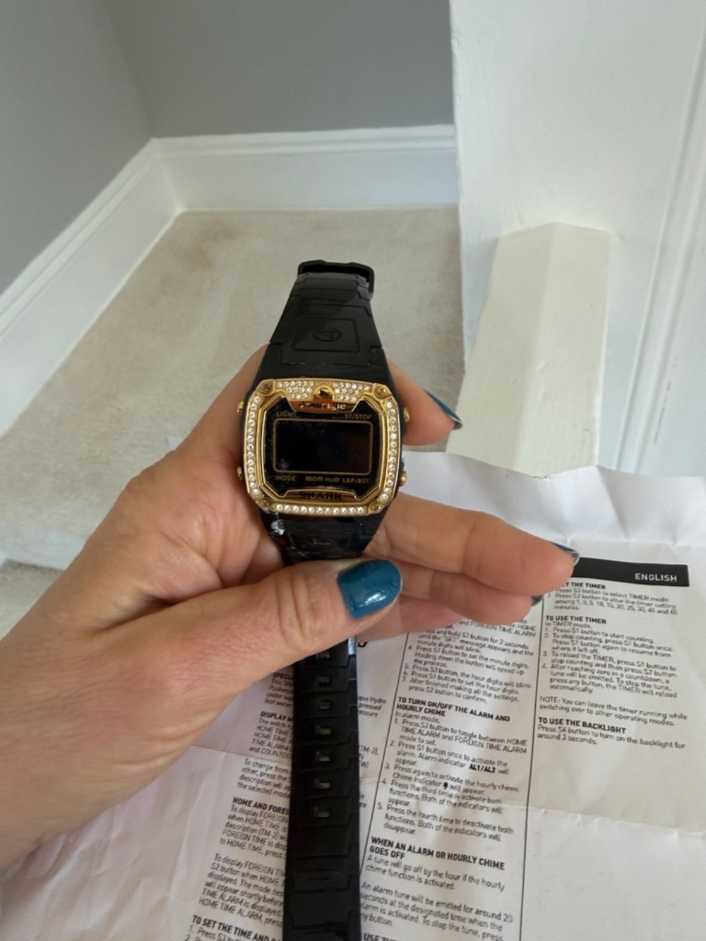 Black Digital Sport Watch with Gold Crystal Bezel